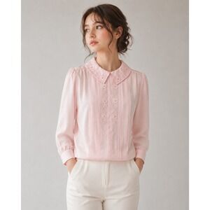 La Blouse Pink Floral Embroidered Beaded Chiffon Blouse Womens 10 Vintage 80s